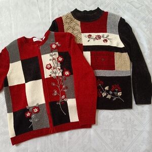 2 Alfred Dunner Vintage Sweater & Cardigan Floral Embroidery Beaded M/L